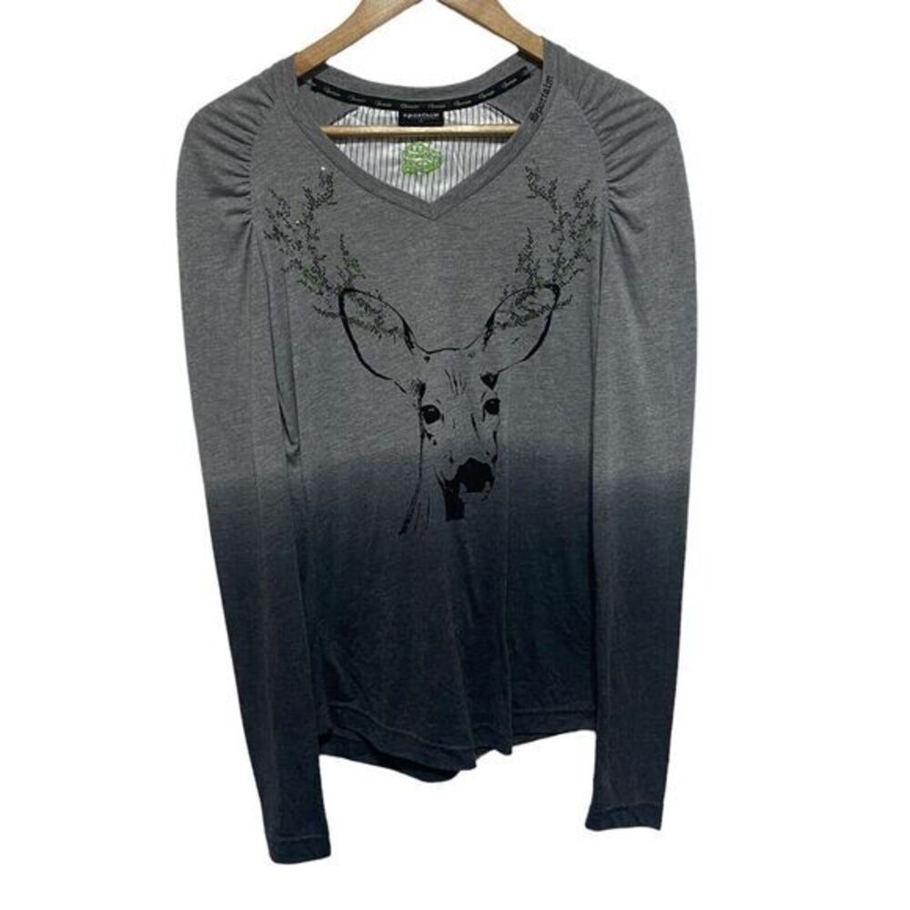 Sportalm Kitzbรผhel Topโ Womens S Gray Deer Holiday V Neck Long Sleeve TShirt